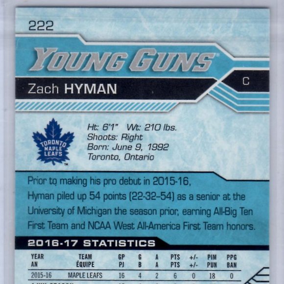Zach Hyman Young Guns Upper Deck Rookie Card 2016/17 #222 Toronto Maple Leafs - Picture 2 of 4